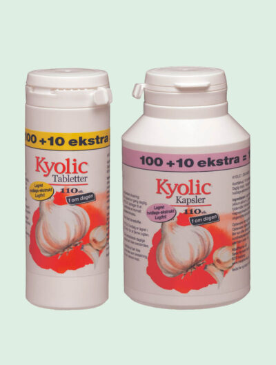 8 numre af Naturli + + hvidløgstillskuddet Kyolic, der gavner kolesterol og blodtryk